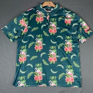 Yatta Golf Polo Shirt Men's XL Floral Flamingo Animal Print Stretch Hawaiian